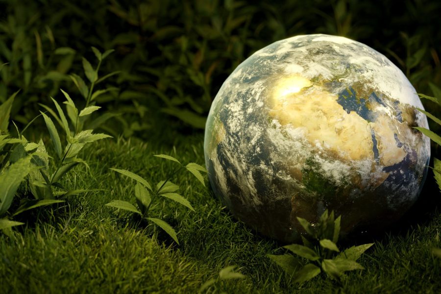 Environmental Ecology Sustainability and Earth Day Concept. Planet Earth on green grass cinematic scene banner background. 3D render