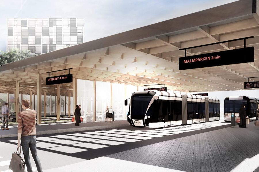 Movias visualisering af en ny, mulig BRT-station i erhvervsområdet Lautrup i Ballerup.