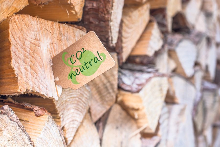 Firewood with a sticky note with the german word CO2 neutral
